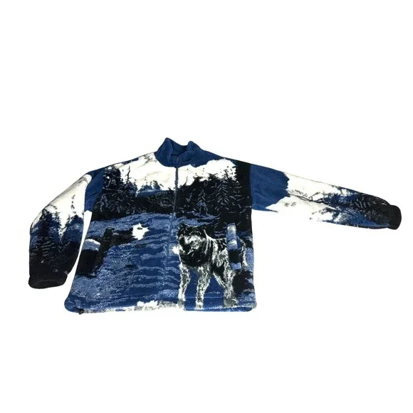 Zara Wolf Landscape Design‎ Borg Teddy Mock Neck Full Zip Fleece Jacket Size M - Picture 9 of 15